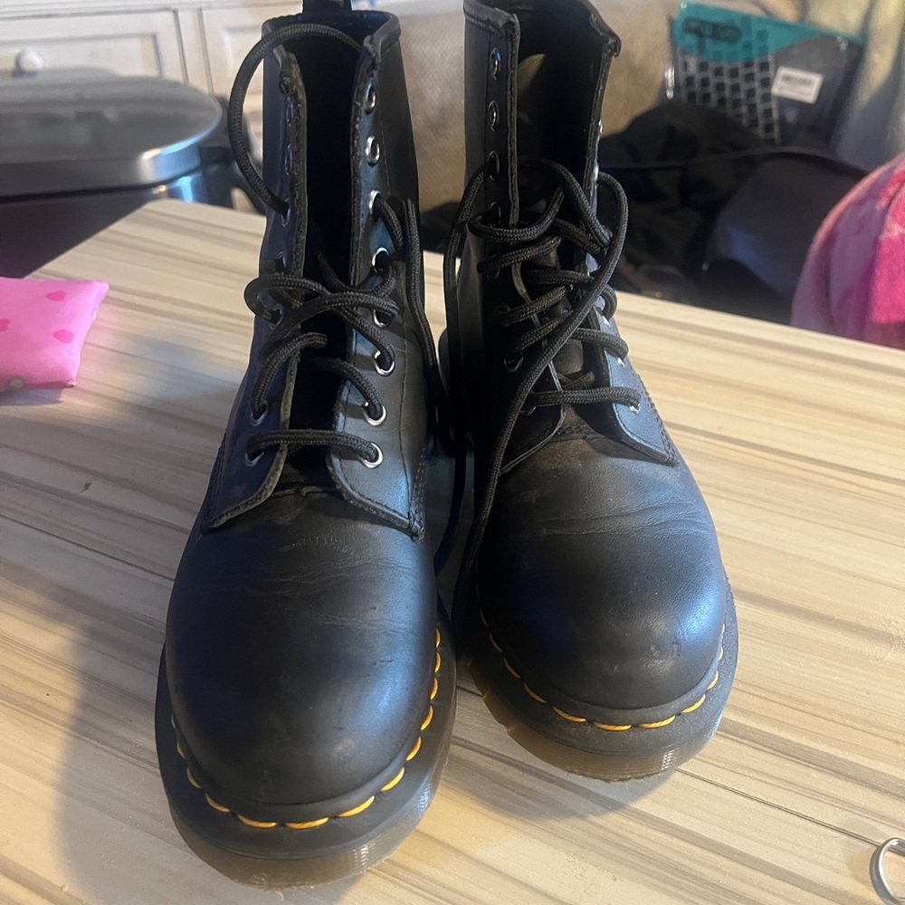 Dr. Martens Black Leather Boots with Yellow Stitching